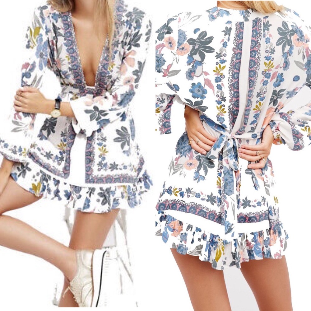 Free People Violet Hill Cream Floral Printed Long Sleeve Tunic Mini Dress